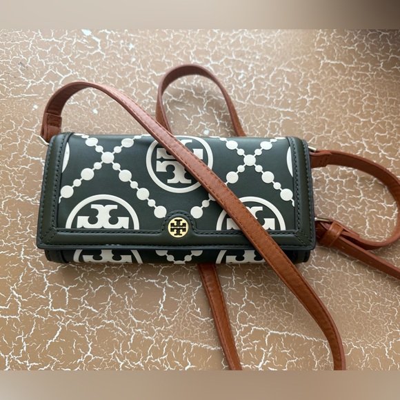 Tory Burch T Monogram Embossed Wallet Crossbody Bag Green Brown GeometricPattern - Picture 2 of 16